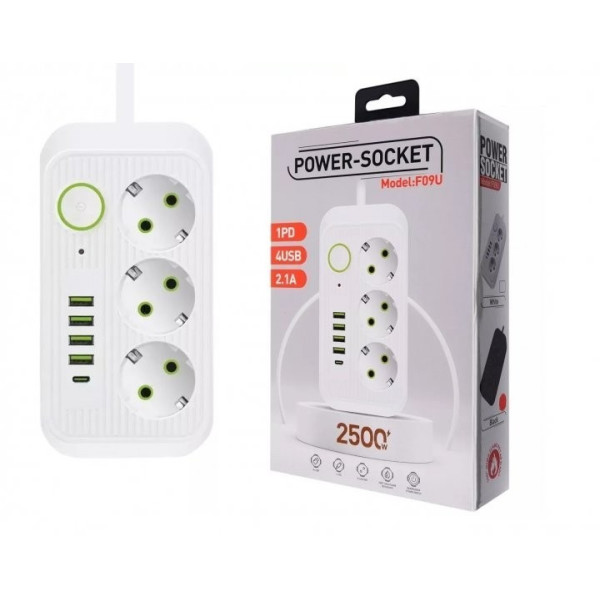 Многофункциональный удлинитель Power Socket F09U с тремя розетками и четырьмя USB, включая Type-C, 2 метра
