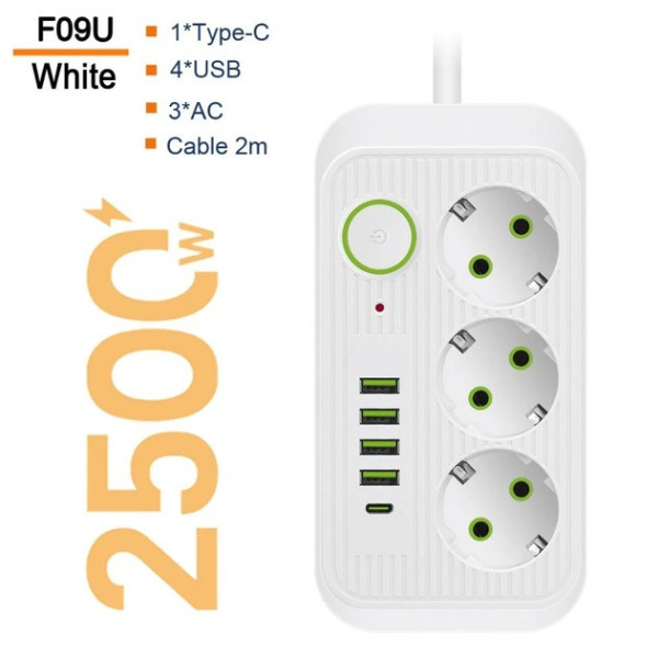 Многофункциональный удлинитель Power Socket F09U с тремя розетками и четырьмя USB, включая Type-C, 2 метра