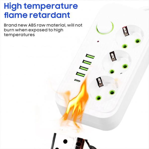 Многофункциональный удлинитель Power Socket F09U с тремя розетками и четырьмя USB, включая Type-C, 2 метра