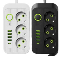 Многофункциональный удлинитель Power Socket F09U с тремя розетками и четырьмя USB, включая Type-C, 2 метра