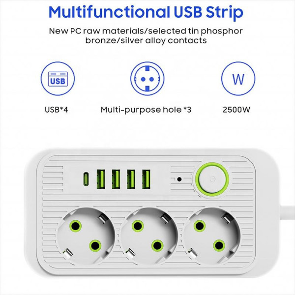 Многофункциональный удлинитель Power Socket F09U с тремя розетками и четырьмя USB, включая Type-C, 2 метра