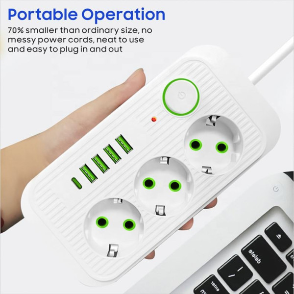 Многофункциональный удлинитель Power Socket F09U с тремя розетками и четырьмя USB, включая Type-C, 2 метра