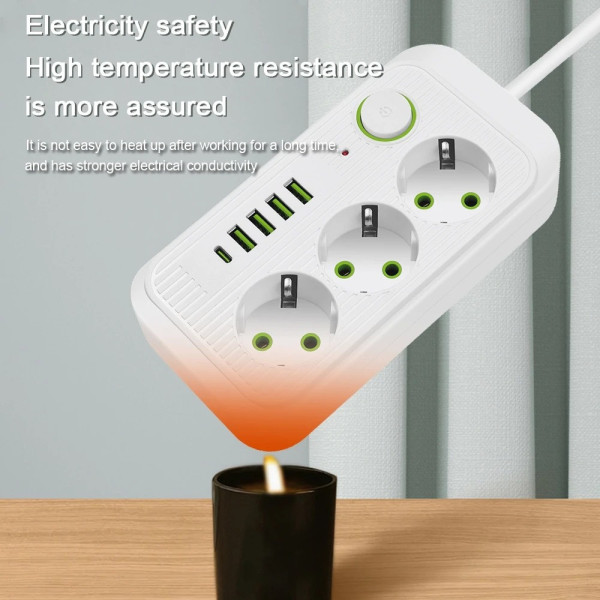 Многофункциональный удлинитель Power Socket F09U с тремя розетками и четырьмя USB, включая Type-C, 2 метра