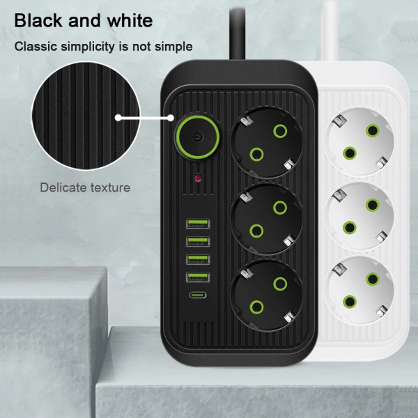 Многофункциональный удлинитель Power Socket F09U с тремя розетками и четырьмя USB, включая Type-C, 2 метра