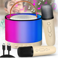 Портативная Bluetooth колонка K52 с 2 караоке микрофонами, бежевый цвет, RGB подсветка,аккумулятор до 12 часов