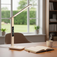 Настольная LED-лампа 868S с аккумулятором, часами, термометром и подставкой для телефона, белая