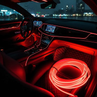 Неоновая гибкая подсветка салона авто 5 м с кантом USB, холодное свечение, красная