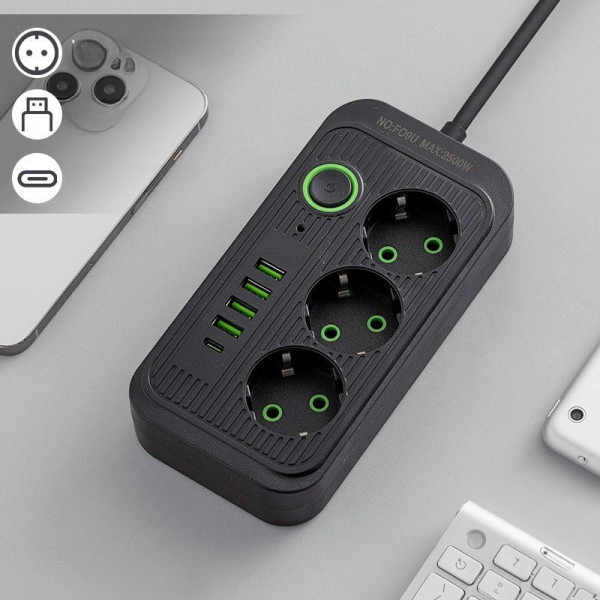 Сетевой разветвитель на 3 гнезда с 5 USB и Type-C шнур 2 м черный белый
