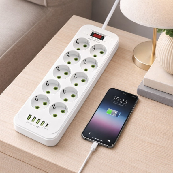 Удлинитель сетевой D10 10 розеток USB Type-C PD переноска 5 м