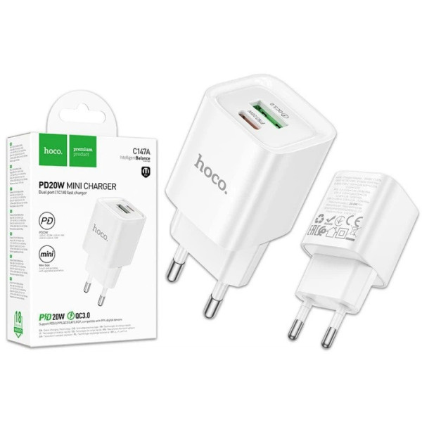 Адаптер зарядки HOCO C147A 20W PD QC 3.0 USB Type-C 2 порта