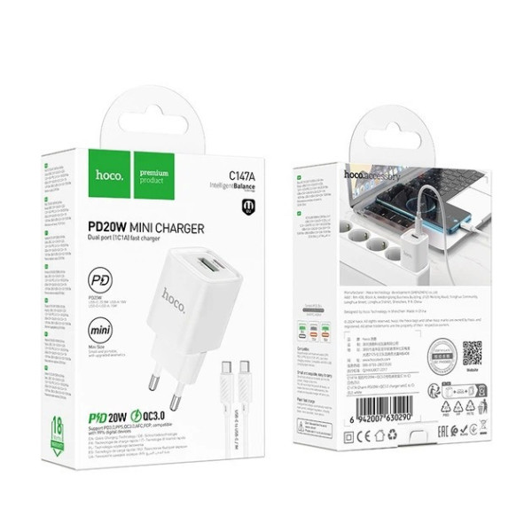 Адаптер зарядки HOCO C147A 20W PD QC 3.0 USB Type-C 2 порта