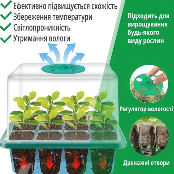 Мини теплица для растений лоток 12 ячеек с вентиляцией