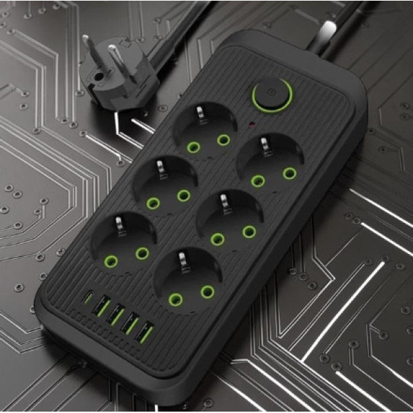 Удлинитель F06U сетевой фильтр на 6 розеток с USB и Type-C кабель 2 метра