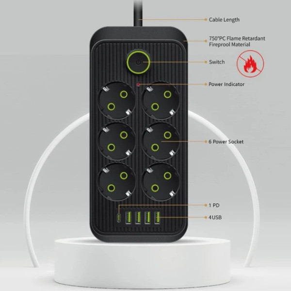 Удлинитель F06U сетевой фильтр на 6 розеток с USB и Type-C кабель 2 метра