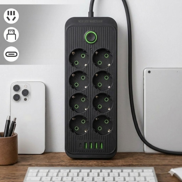 Удлинитель сетевой фильтр 8 розеток 5 USB разветвитель питания с кнопкой 2 м