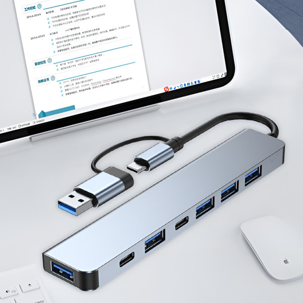 Адаптер USB Type-C 7в1 хаб для ноутбука ПК разветвитель портов серый