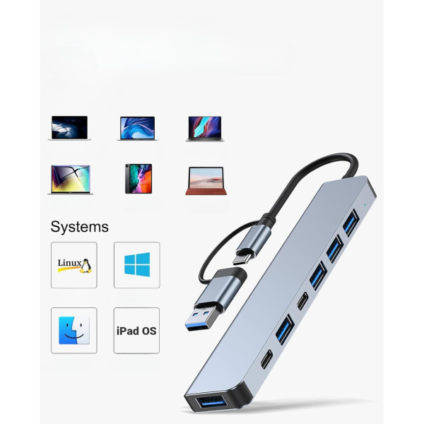 Адаптер USB Type-C 7в1 хаб для ноутбука ПК разветвитель портов серый