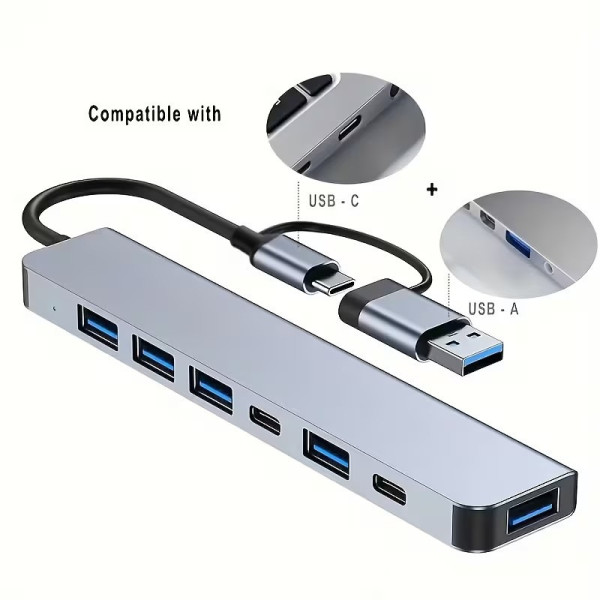 Адаптер USB Type-C 7в1 хаб для ноутбука ПК разветвитель портов серый