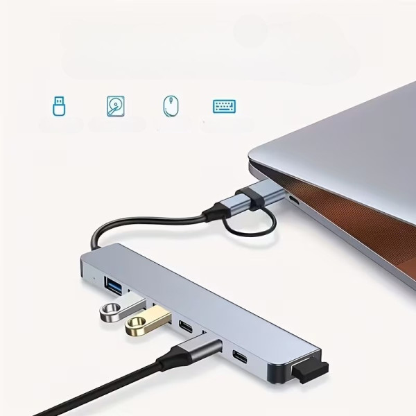 Адаптер USB Type-C 7в1 хаб для ноутбука ПК разветвитель портов серый
