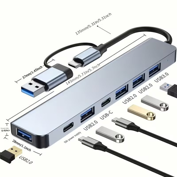 Адаптер USB Type-C 7в1 хаб для ноутбука ПК разветвитель портов серый