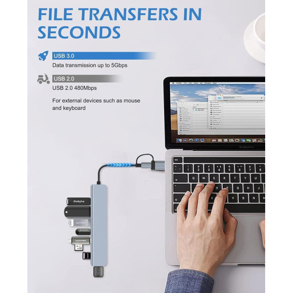 Адаптер USB Type-C 7в1 хаб для ноутбука ПК разветвитель портов серый
