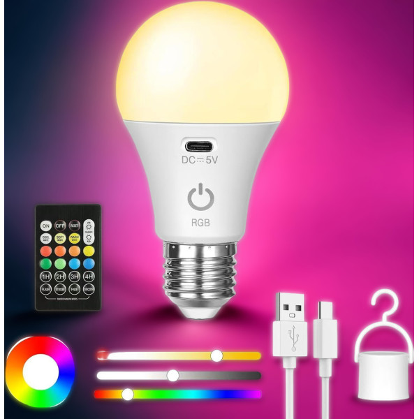 Лампочка E27 A65 аккумуляторная LED RGB с пультом и USB зарядкой