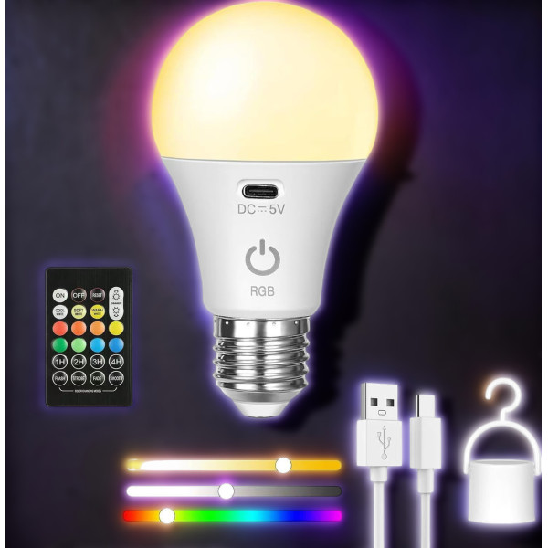 Лампочка E27 A65 аккумуляторная LED RGB с пультом и USB зарядкой