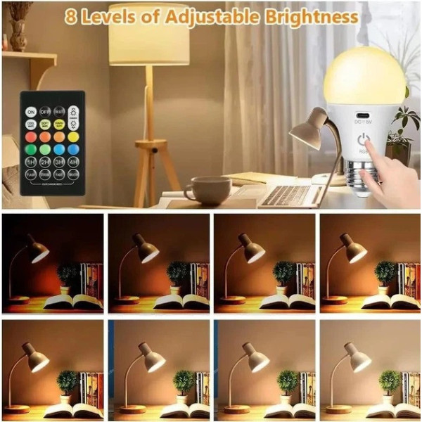 Лампочка E27 A65 аккумуляторная LED RGB с пультом и USB зарядкой