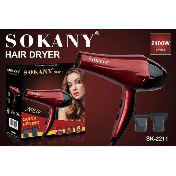 Фен SOKANY SK-2211 2400Вт для волос с ионизацией и насадками красный