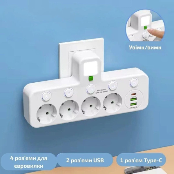 Удлинитель на 4 розетки с USB Type-C сетевой фильтр с подсветкой