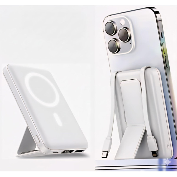Внешний аккумулятор 20000 mAh 22.5W с MagSafe и встроенными кабелями Lightning Type-C белый