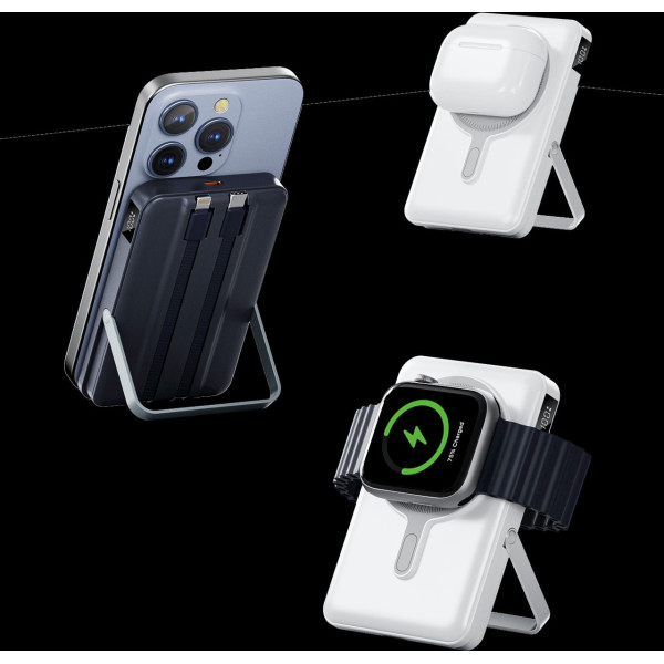 Внешний аккумулятор 20000 mAh 22.5W с MagSafe и встроенными кабелями Lightning Type-C белый