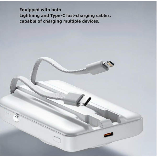 Внешний аккумулятор 20000 mAh 22.5W с MagSafe и встроенными кабелями Lightning Type-C белый