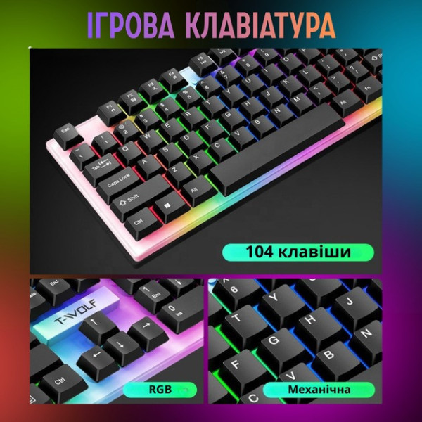 Геймерский комплект T-Wolf TF240 4 в 1 клавиатура мышь гарнитура коврик с подсветкой