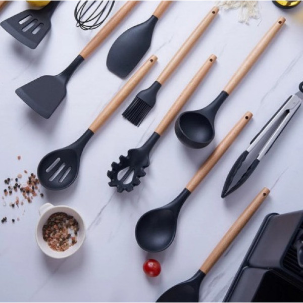 Кухонный набор 19 предметов Kitchen Set силиконовые аксессуары с бамбуковыми ручками