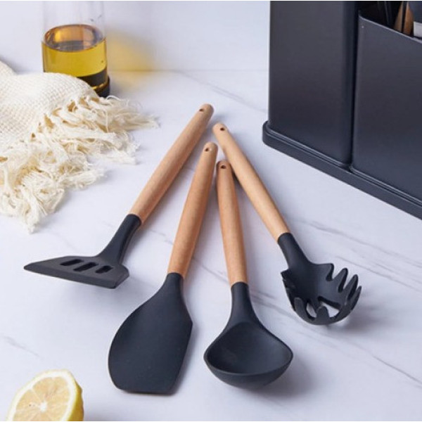 Кухонный набор 19 предметов Kitchen Set силиконовые аксессуары с бамбуковыми ручками