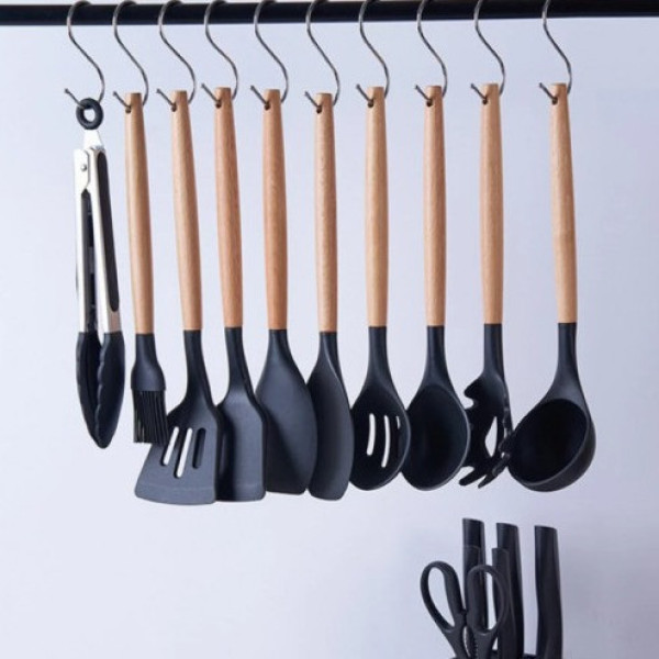 Кухонный набор 19 предметов Kitchen Set силиконовые аксессуары с бамбуковыми ручками