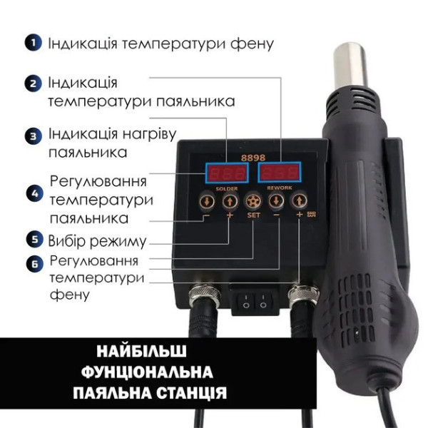 Станция паяльная 2в1 JCD 8898 750W с термофеном и паяльником, набор для ремонта электроники и пайки SMD компонентов