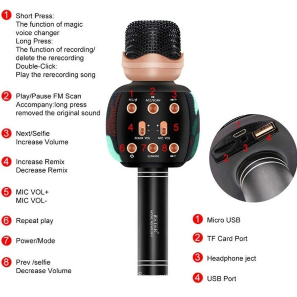 Микрофон караоке Wster WS-2911 Bluetooth с колонкой, беспроводной караоке микрофон с эффектами голоса