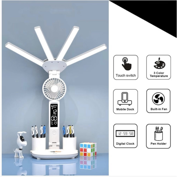Лампа настольная KRX-1011 с вентилятором LED дисплей и часы аккумуляторная